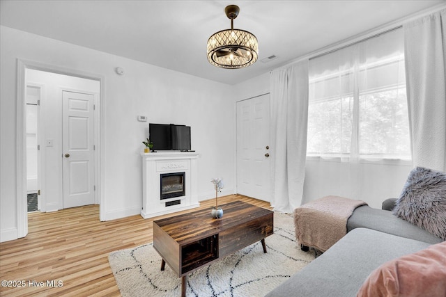 522 S Kerr Ave Unit 66, Wilmington, NC 28403 - living area featuring light wood-style flooring, a chandelier, a glass covered fireplace, and baseboards