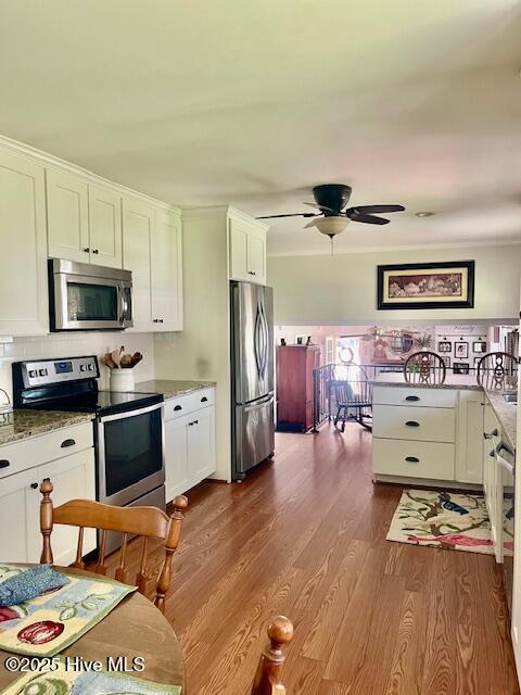 2008 Hardee Rd, Kinston, NC 28504 - kitchen with appliances with stainless steel finishes, dark wood finished floors, white cabinets, a ceiling fan, and light stone counters