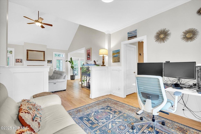 10196 Flint Ct SE, Leland, NC 28451 - home office with wood finished floors, ceiling fan, high vaulted ceiling, and crown molding