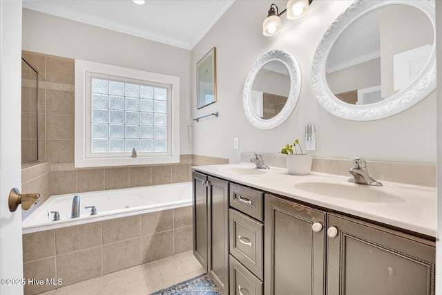 10196 Flint Ct SE, Leland, NC 28451 - bathroom with a bath, double vanity, ornamental molding, and tile patterned flooring