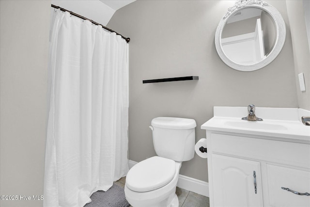 10196 Flint Ct SE, Leland, NC 28451 - bathroom with vanity, toilet, baseboards, tile patterned floors, and curtained shower