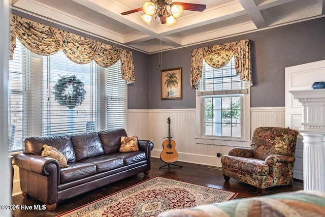 living room featuring coffered ceiling, wainscoting, wood finished floors, ceiling fan, and beamed ceiling