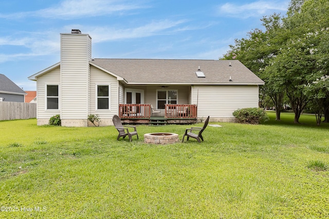 510 Greenfield Pl, Sneads Ferry, NC 28460 - back of house featuring a fire pit, a chimney, a deck, roof with shingles, and ceiling fan