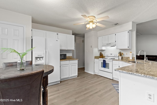510 Greenfield Pl, Sneads Ferry, NC 28460 - kitchen featuring white appliances, a sink, under cabinet range hood, a ceiling fan, and light wood-style flooring