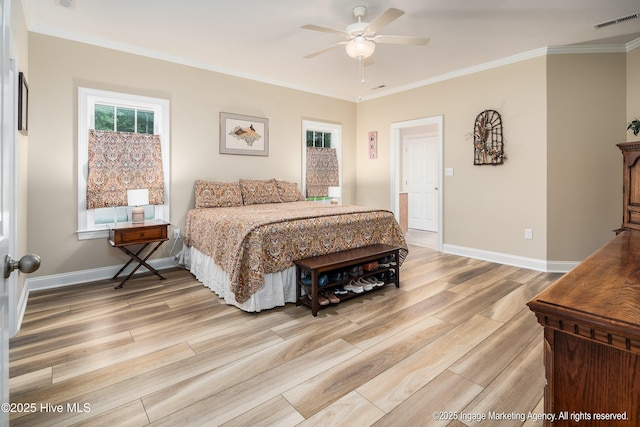 118 Hill Creek Rd, Blounts Creek, NC 27814 - bedroom with light wood-style floors, ornamental molding, baseboards, and ceiling fan