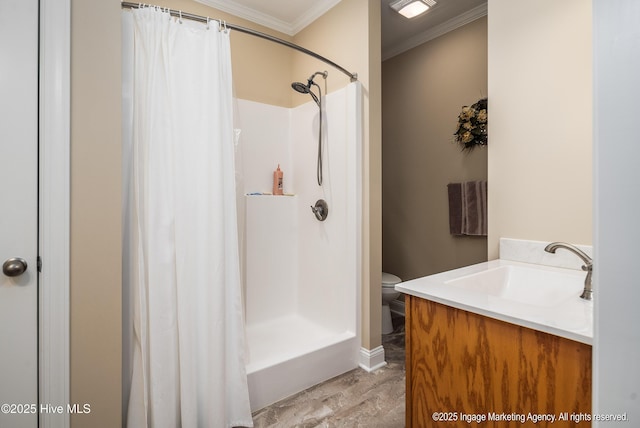 118 Hill Creek Rd, Blounts Creek, NC 27814 - full bathroom with ornamental molding, curtained shower, toilet, vanity, and baseboards