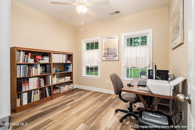 118 Hill Creek Rd, Blounts Creek, NC 27814 - office area with light wood-type flooring, a ceiling fan, plenty of natural light, and baseboards
