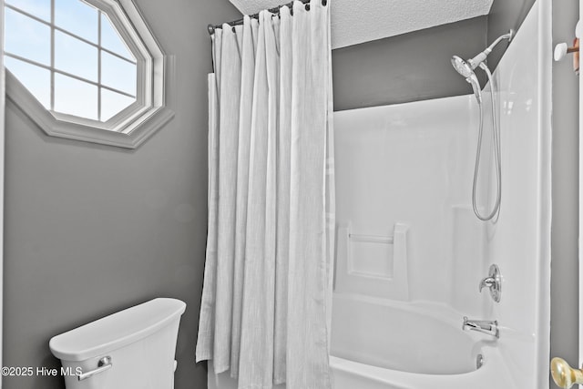 415 Point View Ct, Wilmington, NC 28411 - bathroom with shower / bathtub combination with curtain, toilet, and a textured ceiling