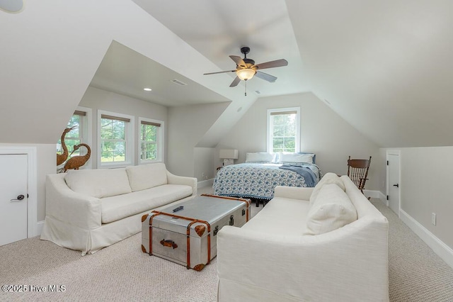 4010 Sienna Trl, New Bern, NC 28562 - bedroom featuring vaulted ceiling, carpet floors, a ceiling fan, and baseboards