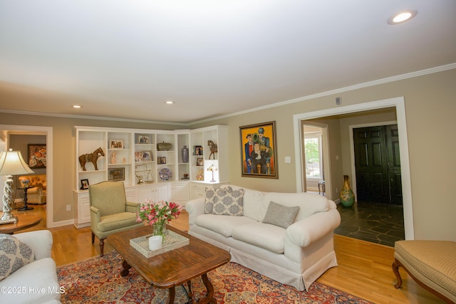 7 Saddle Pl, Pinehurst, NC 28374 - living room with light wood-type flooring, ornamental molding, and recessed lighting