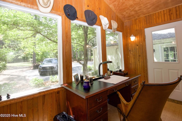 7 Saddle Pl, Pinehurst, NC 28374 - office area featuring wooden walls, vaulted ceiling, and wooden ceiling