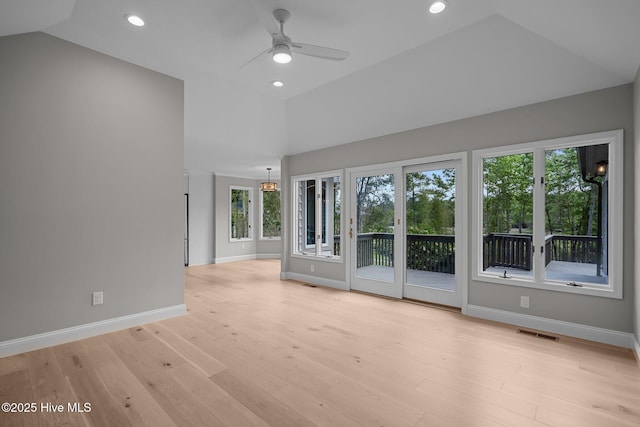 101 Marshview Rd, Hampstead, NC 28443 - unfurnished room featuring vaulted ceiling, baseboards, light wood finished floors, a ceiling fan, and recessed lighting