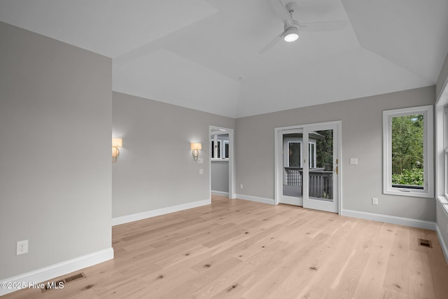 101 Marshview Rd, Hampstead, NC 28443 - spare room featuring a ceiling fan, vaulted ceiling, light wood finished floors, and baseboards