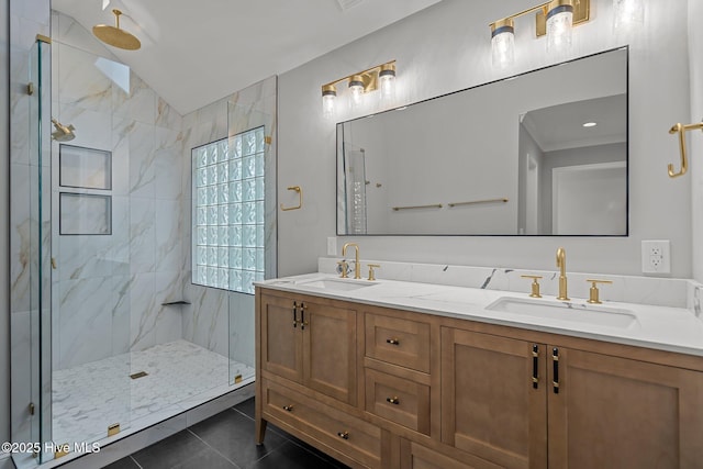 101 Marshview Rd, Hampstead, NC 28443 - bathroom featuring tile patterned floors, a marble finish shower, double vanity, and ornamental molding
