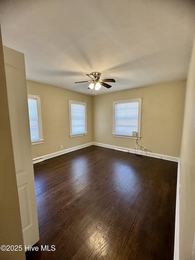 1305 Westwood Ave W, Wilson, NC 27893 - spare room featuring dark wood-style floors, ceiling fan, a baseboard heating unit, and baseboards