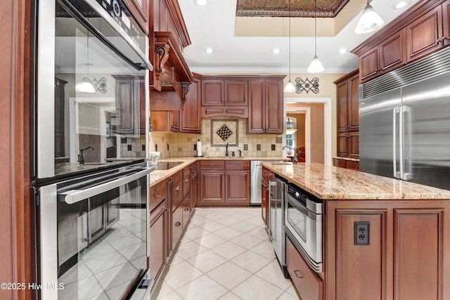 207 Hooping Crane Ln, Goldsboro, NC 27530 - kitchen with crown molding, stainless steel built in fridge, backsplash, light stone counters, and light tile patterned flooring