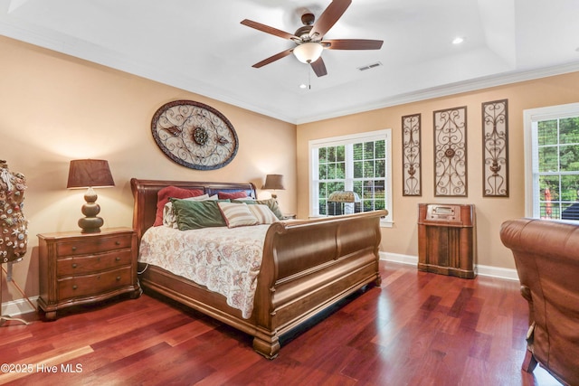 207 Hooping Crane Ln, Goldsboro, NC 27530 - bedroom featuring dark wood-style flooring, recessed lighting, baseboards, ornamental molding, and ceiling fan