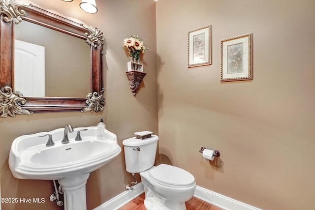 207 Hooping Crane Ln, Goldsboro, NC 27530 - half bathroom featuring toilet, baseboards, and wood finished floors