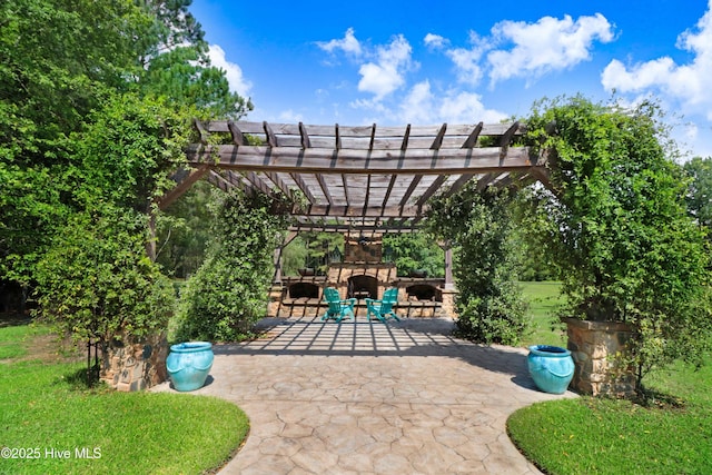 207 Hooping Crane Ln, Goldsboro, NC 27530 - view of patio featuring an outdoor stone fireplace and a pergola