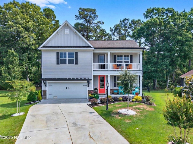 1114 Treyburn Ct NW, Calabash, NC 28467 - view of front facade featuring a porch, a balcony, a garage, concrete driveway, and a front lawn