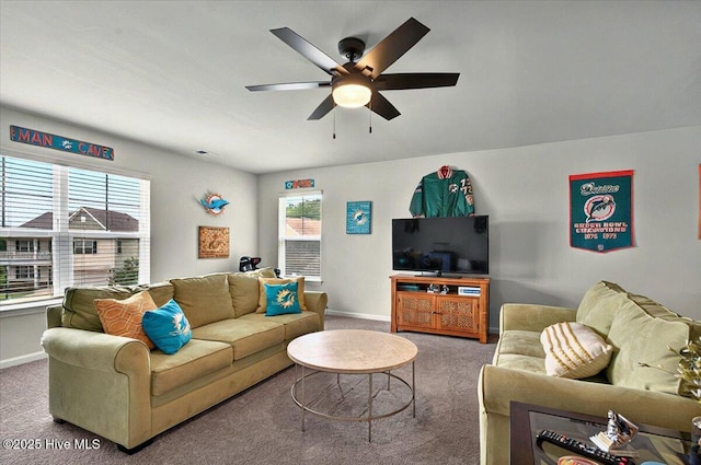 1114 Treyburn Ct NW, Calabash, NC 28467 - carpeted living room featuring ceiling fan and baseboards