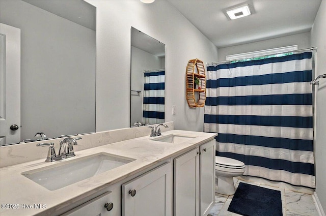 1114 Treyburn Ct NW, Calabash, NC 28467 - full bathroom with marble finish flooring, toilet, double vanity, and curtained shower