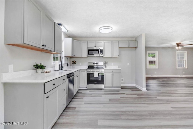 1102 Elanor Ave, Goldsboro, NC 27530 - kitchen featuring appliances with stainless steel finishes, a sink, light wood-type flooring, a ceiling fan, and light countertops