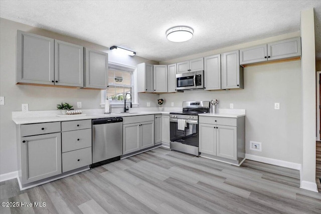 1102 Elanor Ave, Goldsboro, NC 27530 - kitchen with appliances with stainless steel finishes, gray cabinets, a sink, light wood-style flooring, and a textured ceiling