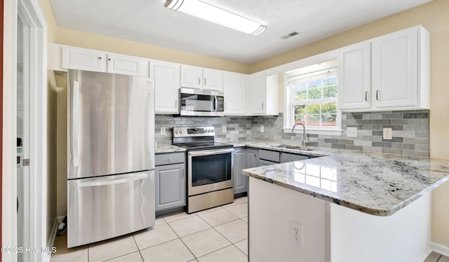 416 Point View Ct, Wilmington, NC 28411 - kitchen with stainless steel appliances, a sink, gray cabinets, a peninsula, and light stone counters