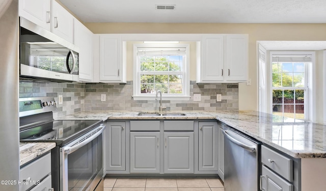 416 Point View Ct, Wilmington, NC 28411 - kitchen with appliances with stainless steel finishes, a sink, gray cabinetry, and backsplash