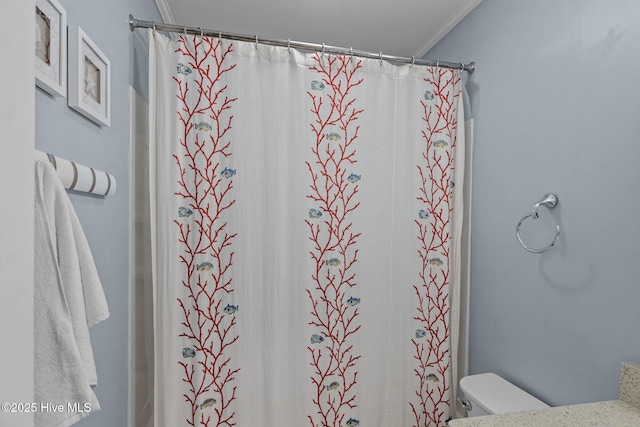 2008 E Fort Macon Rd Unit A-1, Atlantic Beach, NC 28512 - full bathroom featuring toilet, a shower with shower curtain, vanity, and crown molding