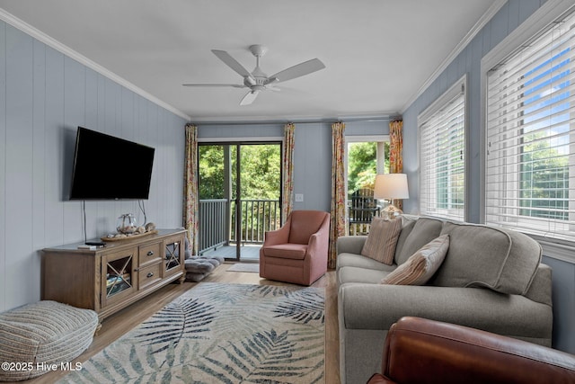 2008 E Fort Macon Rd Unit A-1, Atlantic Beach, NC 28512 - living room with ornamental molding, wood finished floors, and a ceiling fan