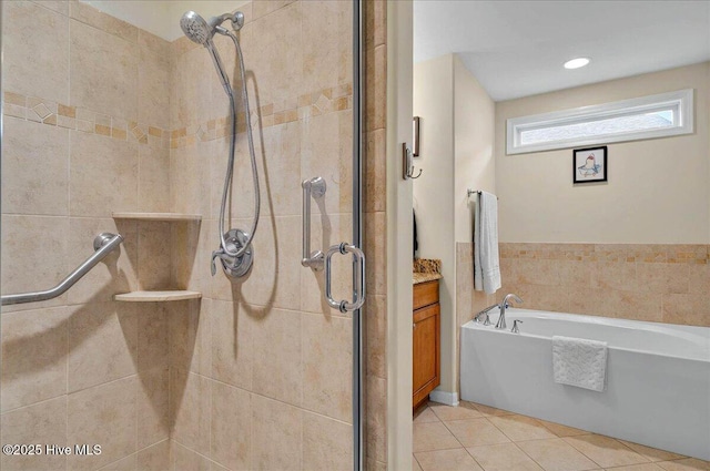 2121 Maple Leaf Dr, Southport, NC 28461 - full bath featuring a shower stall, tile patterned floors, a bath, and vanity