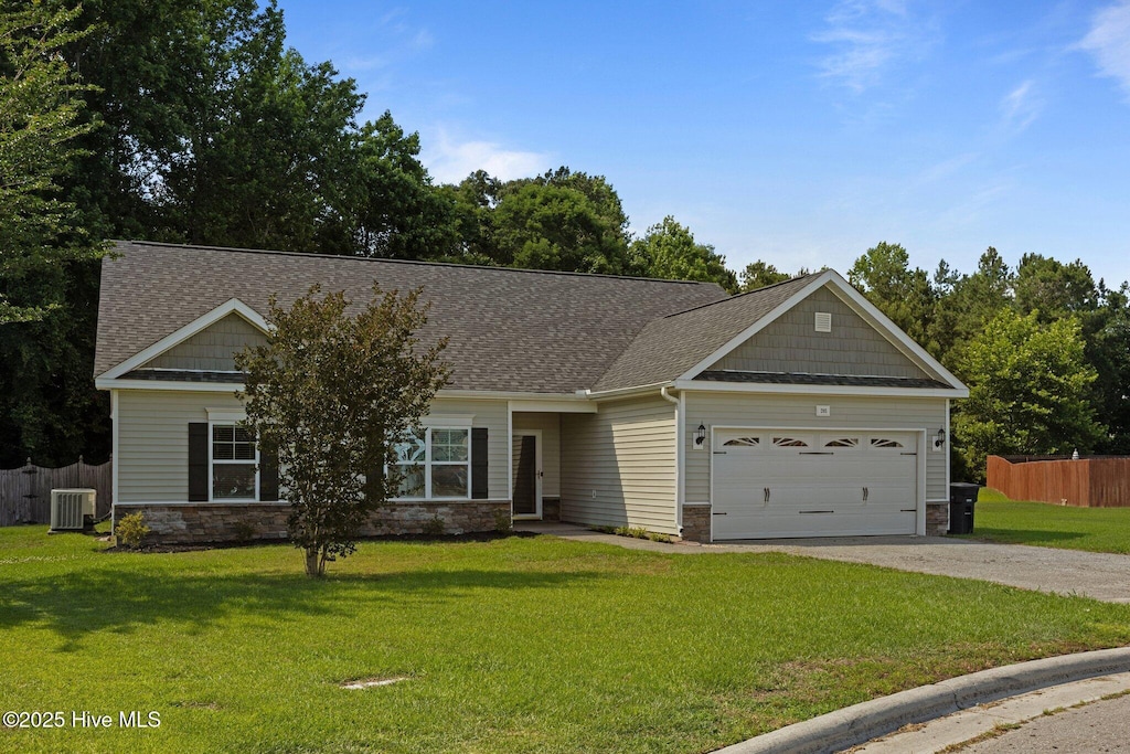 205 Lincolnton Ct, Jacksonville, NC 28540 - view of front of property featuring stone siding, cooling unit, driveway, an attached garage, and a shingled roof