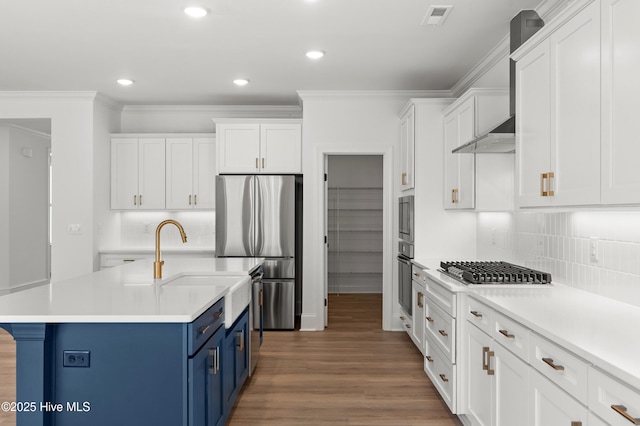 3924 Watersail Dr Unit 88, Wilmington, NC 28409 - kitchen with blue cabinets, appliances with stainless steel finishes, white cabinetry, light countertops, and crown molding