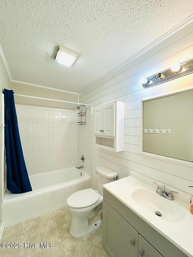 502 Dogwood Ln, Jacksonville, NC 28540 - full bath with a textured ceiling, tile patterned floors, crown molding, shower / bath combo with shower curtain, and toilet