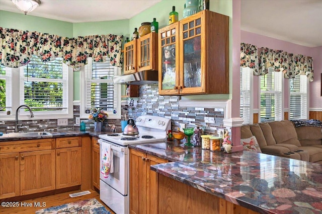 245 Green Bay Rd NW, Ocean Isle Beach, NC 28469 - kitchen featuring white range with electric cooktop, a sink, plenty of natural light, and tasteful backsplash