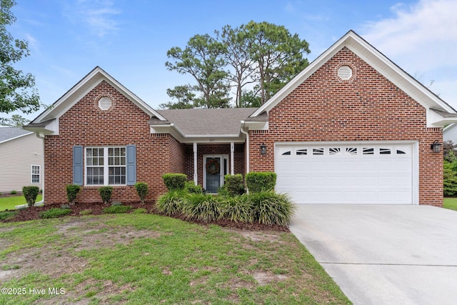 817 Glenarthur Dr, Wilmington, NC 28412 - view of front of house with a garage, brick siding, concrete driveway, a shingled roof, and a front lawn
