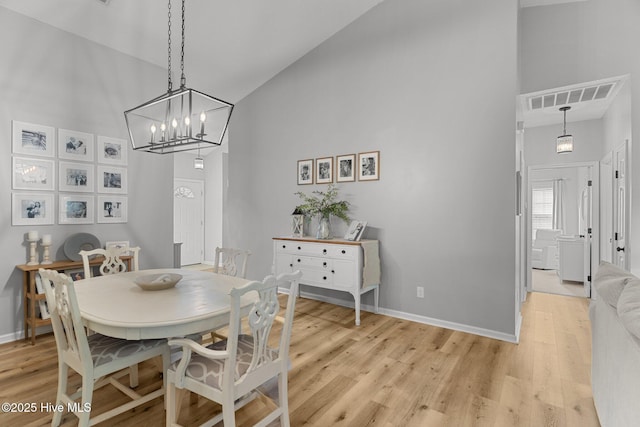 817 Glenarthur Dr, Wilmington, NC 28412 - dining area with high vaulted ceiling, light wood-style floors, baseboards, and a chandelier