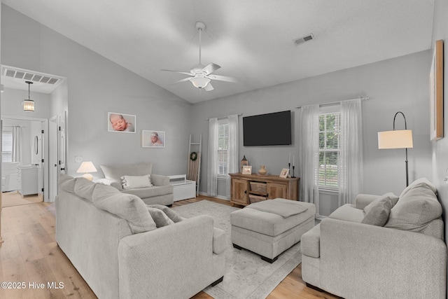 817 Glenarthur Dr, Wilmington, NC 28412 - living area featuring light wood finished floors, ceiling fan, and high vaulted ceiling
