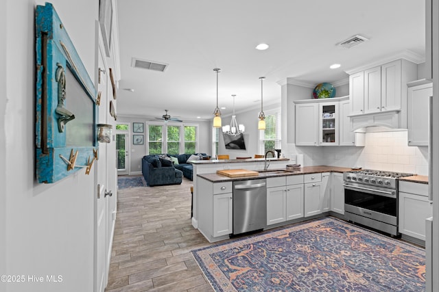 117 Bimini Townes Ln, Carolina Beach, NC 28428 - kitchen with appliances with stainless steel finishes, open floor plan, a sink, ornamental molding, and a peninsula