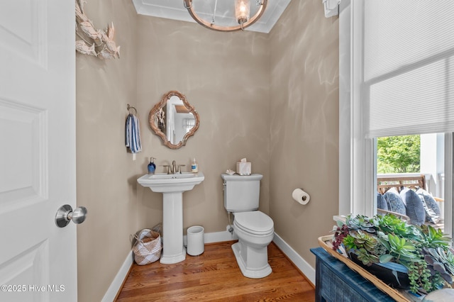 233 E Water St, Washington, NC 27889 - bathroom featuring a chandelier, wood finished floors, toilet, baseboards, and a sink
