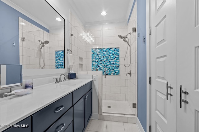 233 E Water St, Washington, NC 27889 - bathroom with a stall shower, vanity, baseboards, recessed lighting, and tile patterned flooring