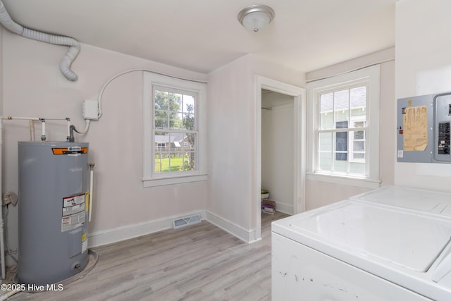 808 Cabarrus St, Edenton, NC 27932 - laundry area with electric water heater, washer and dryer, electric panel, and light wood-style floors