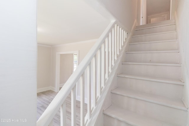 808 Cabarrus St, Edenton, NC 27932 - stairway with wood finished floors, ornamental molding, and baseboards