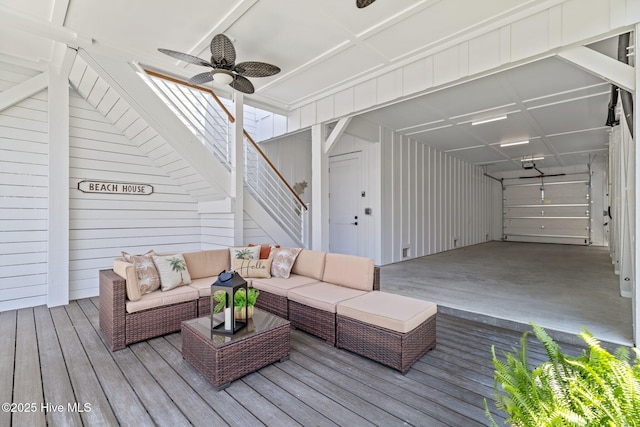 221 Georgia Ave, Carolina Beach, NC 28428 - wooden deck with an outdoor living space, ceiling fan, and stairway