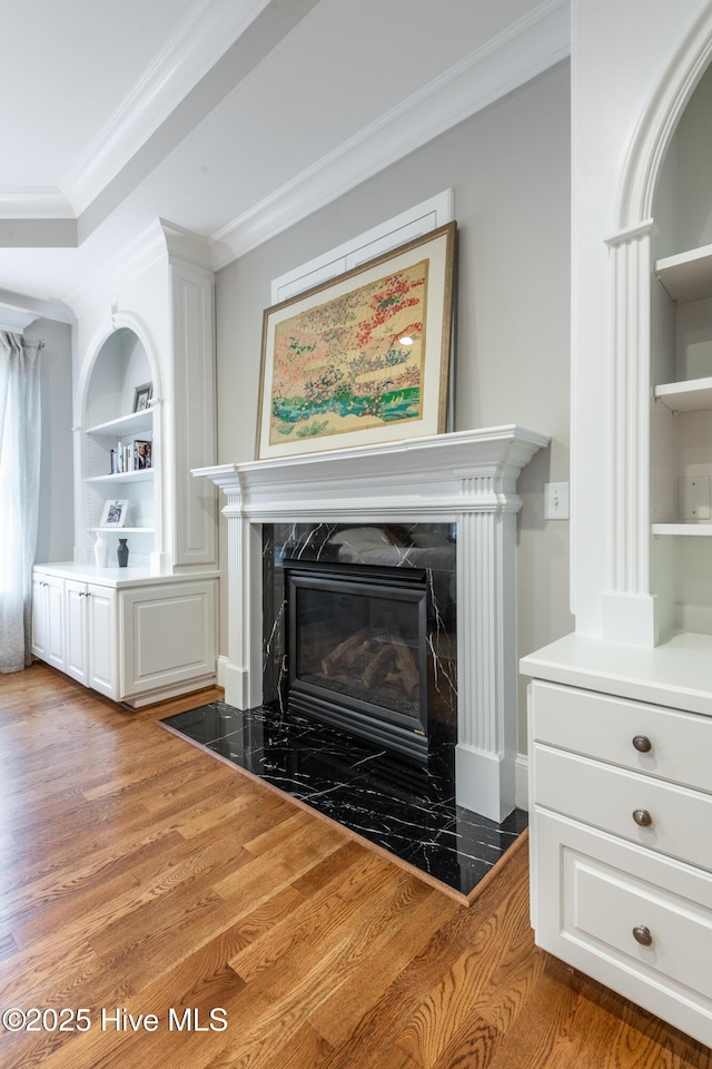 509 Westminster Cir, Greenville, NC 27858 - detailed view of wood finished floors, built in shelves, crown molding, and a premium fireplace