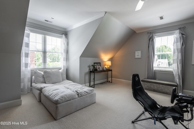 509 Westminster Cir, Greenville, NC 27858 - carpeted bedroom with ornamental molding, baseboards, and vaulted ceiling