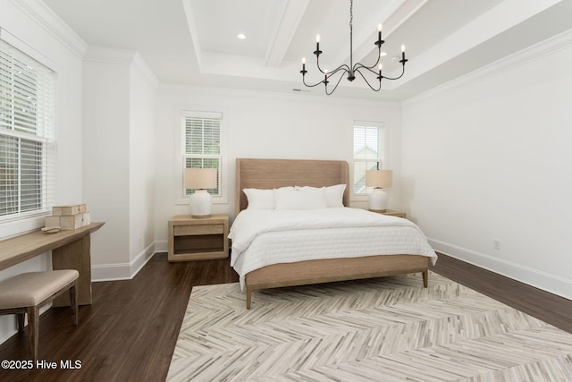 204 N Sea Lily Ct, Hampstead, NC 28443 - bedroom with a chandelier, dark wood finished floors, baseboards, a raised ceiling, and recessed lighting