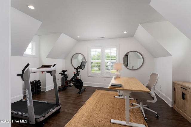204 N Sea Lily Ct, Hampstead, NC 28443 - exercise room with dark wood-style floors, baseboards, healthy amount of natural light, recessed lighting, and lofted ceiling